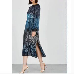 RIXO Coco Blue/Turquoise and Black Hombre Midi Dress, Size M